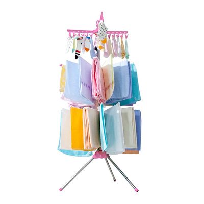 BAOYOUNI Folding Clothes Drying Rack 3-Tier Indoor Outdoor Space Saving Stand Hanger with 24 Clips and 32 Towels Bars for Baby Clothes, Cloth Diapers, Socks, Bras, Towels, Underwear (Pink)