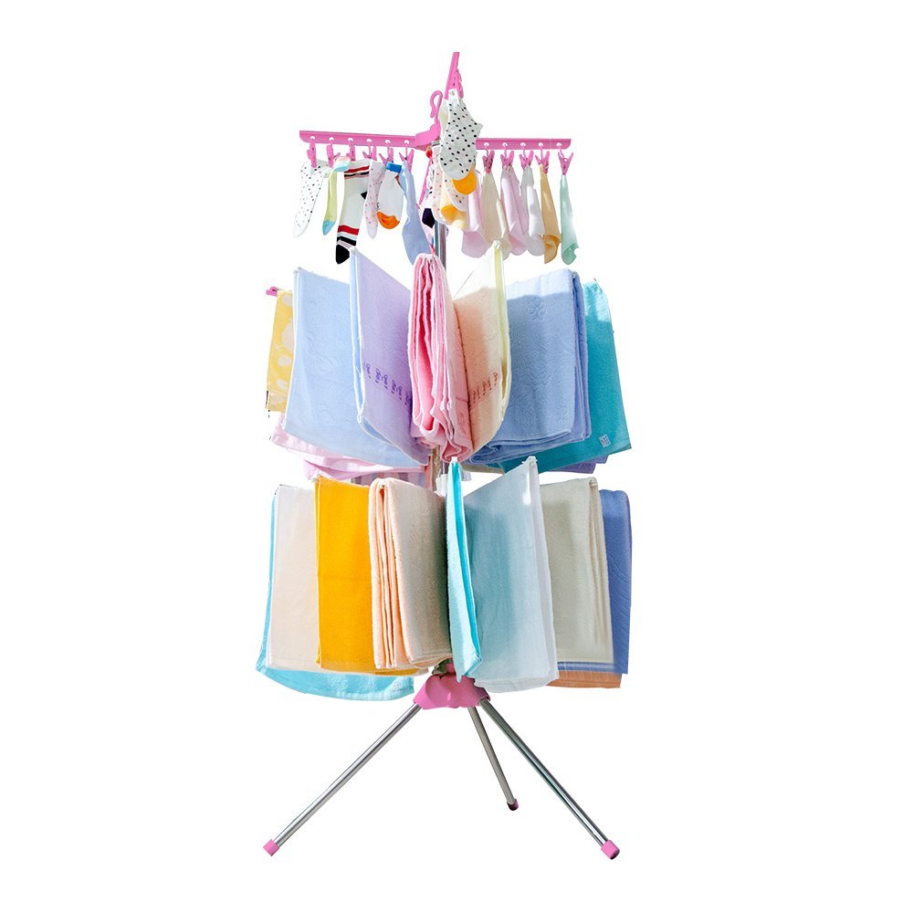 BAOYOUNI Folding Clothes Drying Rack 3-Tier Indoor Outdoor Space Saving Stand Hanger with 24 Clips and 32 Towels Bars for Baby Clothes, Cloth Diapers, Socks, Bras, Towels, Underwear (Pink)