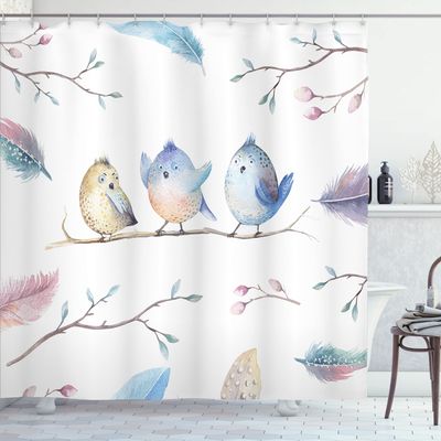Ambesonne Animal Shower Curtain, Hand Drawn Birds Sitting on Branch Cartoon in Boho Style Watercolors Leaves Feathers, Cloth Fabric Bathroom Decor Set with Hooks, 69" W x 84" L, Blue White