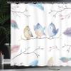 Ambesonne Animal Shower Curtain, Hand Drawn Birds Sitting on Branch Cartoon in Boho Style Watercolors Leaves Feathers, Cloth Fabric Bathroom Decor Set with Hooks, 69" W x 84" L, Blue White view 3