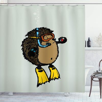 Ambesonne Animal Shower Curtain, Cartoon Scuba Diver Hedgehog Illustration Funny Sea Life Themed, Cloth Fabric Bathroom Decor Set with Hooks, 69" W x 84" L, Pale Blue Yellow