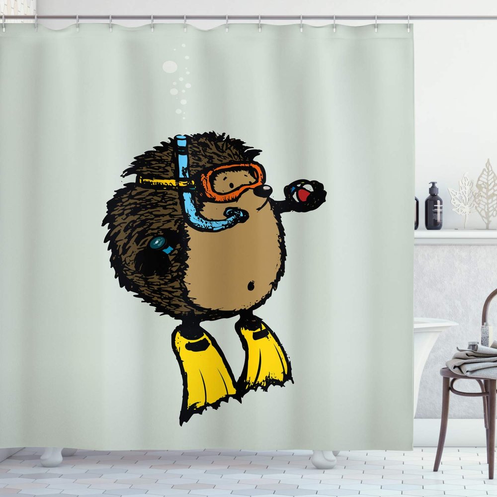 Ambesonne Animal Shower Curtain, Cartoon Scuba Diver Hedgehog Illustration Funny Sea Life Themed, Cloth Fabric Bathroom Decor Set with Hooks, 69" W x 84" L, Pale Blue Yellow