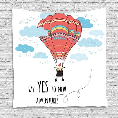 Ambesonne Cartoon Tapestry, Inspirational Words Say Yes to New Adventures Hand Drawn Hot Air Balloon, Wall Hanging for Bedroom Living Room Dorm Decor, 60" X 80", Mint Pink