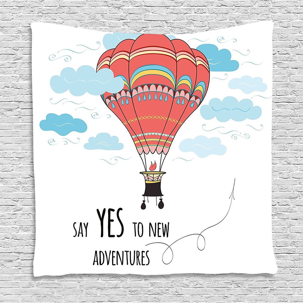 Ambesonne Cartoon Tapestry, Inspirational Words Say Yes to New Adventures Hand Drawn Hot Air Balloon, Wall Hanging for Bedroom Living Room Dorm Decor, 60" X 80", Mint Pink