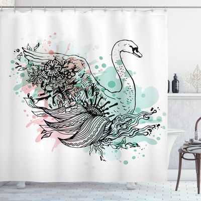 Ambesonne Animal Shower Curtain, Hand Sketch Swan Bird Floral Details and Color Splashes Watercolors, Cloth Fabric Bathroom Decor Set with Hooks, 69" W x 84" L, Mint Green Pale Pink