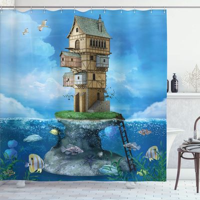 Ambesonne Cartoon Shower Curtain, Fantasy Fisherman House Underwater Life Fishes Coral Cloudy Sky, Cloth Fabric Bathroom Decor Set with Hooks, 69" W x 70" L, Blue Brown Green