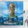 Ambesonne Cartoon Shower Curtain, Fantasy Fisherman House Underwater Life Fishes Coral Cloudy Sky, Cloth Fabric Bathroom Decor Set with Hooks, 69" W x 70" L, Blue Brown Green view 1