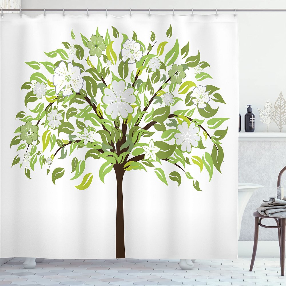 Ambesonne Nature Shower Curtain, Summer Tree with Flourishing Flowers Spring Blossoms Seasonal Print, Cloth Fabric Bathroom Decor Set with Hooks, 69" W x 70" L, Green Brown White