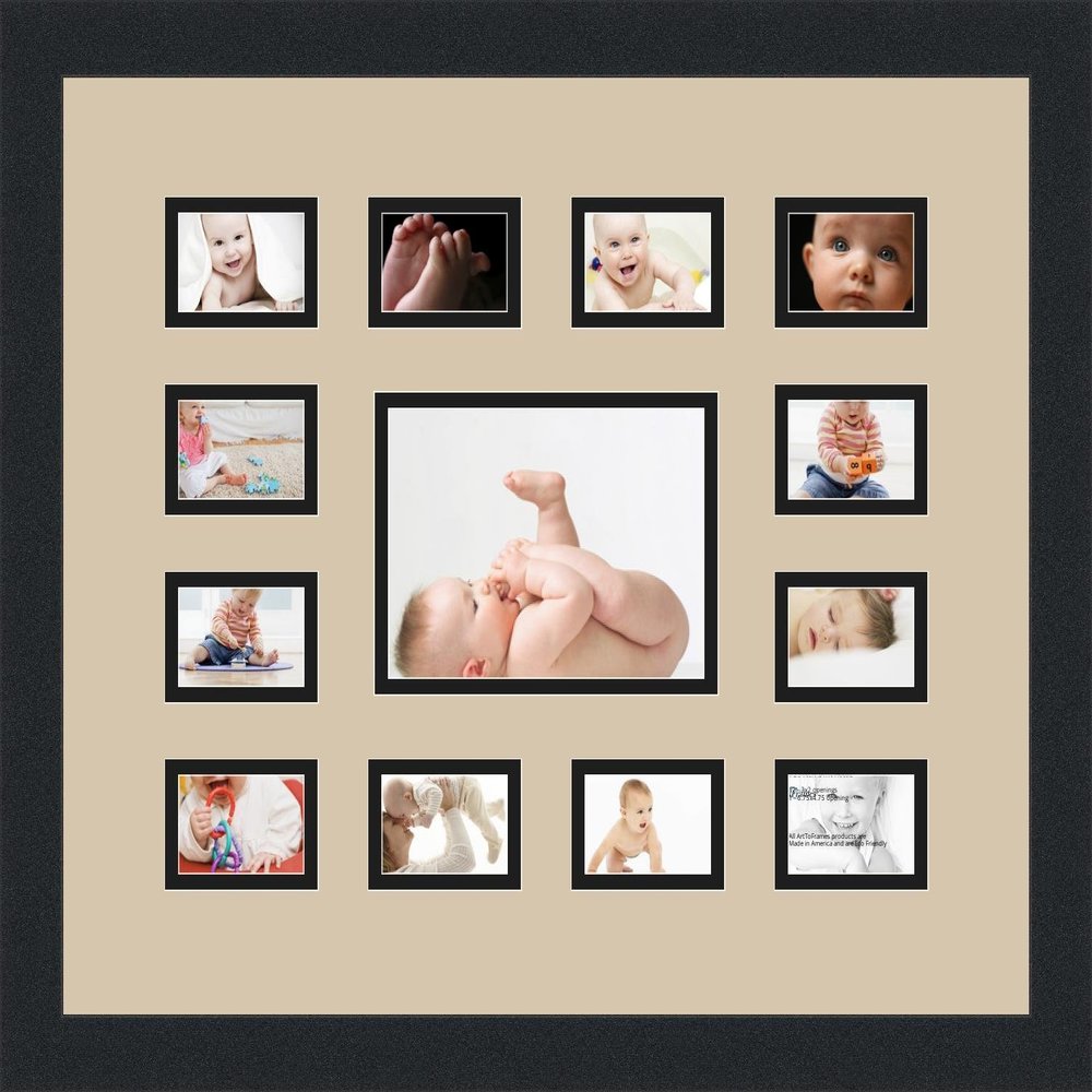 ArtToFrames Collage Photo Frame Double Mat with 1-4.75x6.75 and 12-2x3 Openings and Satin Black Frame
