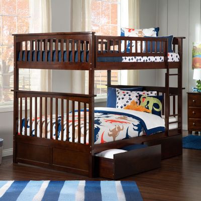 AFI Columbia Full over Full Size Bunk Bed with Bed Drawers and Charging Station in Walnut