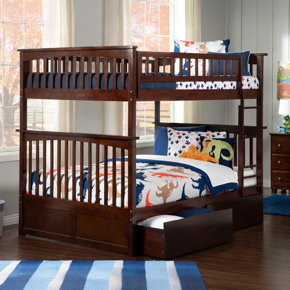 AFI Columbia Full over Full Size Bunk Bed with Bed Drawers and Charging Station in Walnut