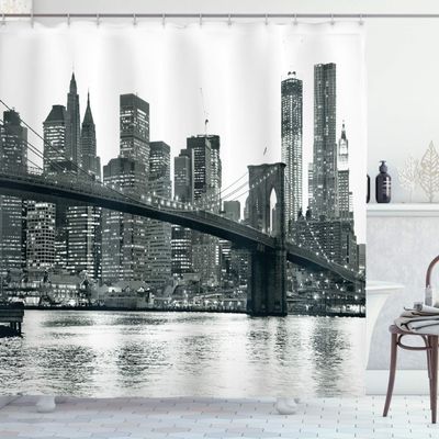 Ambesonne Modern Shower Curtain, Brooklyn Bridge Sunset Manhattan American New York City Famous Town Image, Cloth Fabric Bathroom Decor Set with Hooks, 69" W x 70" L, Black and White