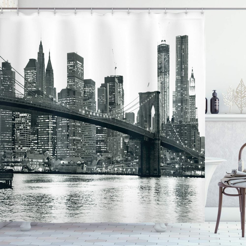 Ambesonne Modern Shower Curtain, Brooklyn Bridge Sunset Manhattan American New York City Famous Town Image, Cloth Fabric Bathroom Decor Set with Hooks, 69" W x 70" L, Black and White