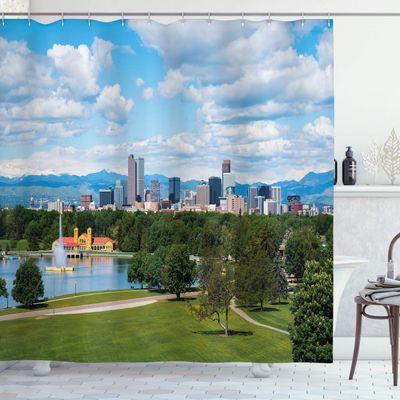 Ambesonne Urban Shower Curtain, City Park at Denver Colorado Downtown Tree and Architecture Sunny Panorama, Cloth Fabric Bathroom Decor Set with Hooks, 69" W x 84" L, Sky Blue Fern Green