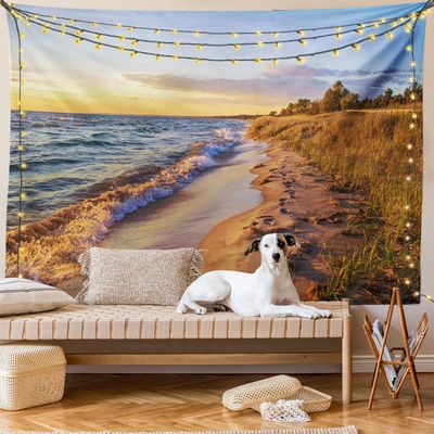 Ambesonne Coastal Tapestry, Sandy Calm Beach Ocean Waves Tranquil Seashore Setting Sun, Wide Wall Hanging for Bedroom Living Room Dorm, 80" X 60", Pale Yellow Pale Brown
