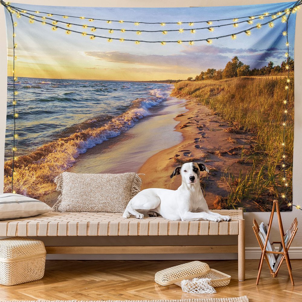 Ambesonne Coastal Tapestry, Sandy Calm Beach Ocean Waves Tranquil Seashore Setting Sun, Wide Wall Hanging for Bedroom Living Room Dorm, 80" X 60", Pale Yellow Pale Brown