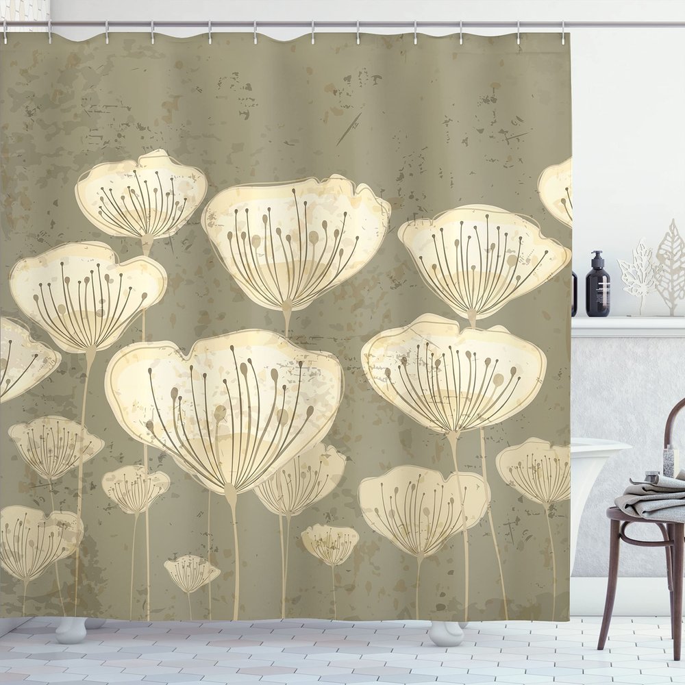 Ambesonne Floral Shower Curtain, Pastel Beige Toned Flower Blooms Floret Buds Essence Nature Themed Illustration, Cloth Fabric Bathroom Decor Set with Hooks, 69" W x 70" L, Taupe
