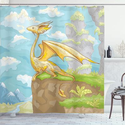 Ambesonne Dragon Shower Curtain, Winged Animal on Cliff Hand Drawn Landscape for Room Design, Cloth Fabric Bathroom Decor Set with Hooks, 69" W x 70" L, Yellow Aqua