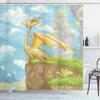 Ambesonne Dragon Shower Curtain, Winged Animal on Cliff Hand Drawn Landscape for Room Design, Cloth Fabric Bathroom Decor Set with Hooks, 69" W x 70" L, Yellow Aqua view 1