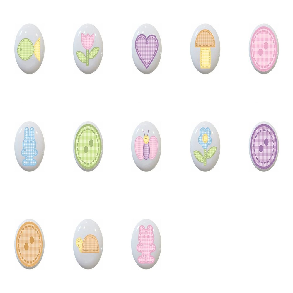 SET OF 13 KNOBS - Gingham Critters Flowers Hearts and Buttons Collection - DECORATIVE Ceramic Dresser Drawer PULLS Cabinet Cupboard KNOBS
