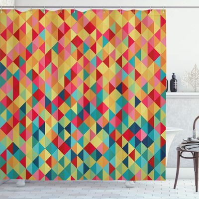 Ambesonne Abstract Shower Curtain, Triangle Formed Fractal Geometric with Aztec Culture Effects Western Print, Cloth Fabric Bathroom Decor Set with Hooks, 69" W x 70" L, Multicolor Ruby Pastel Yellow