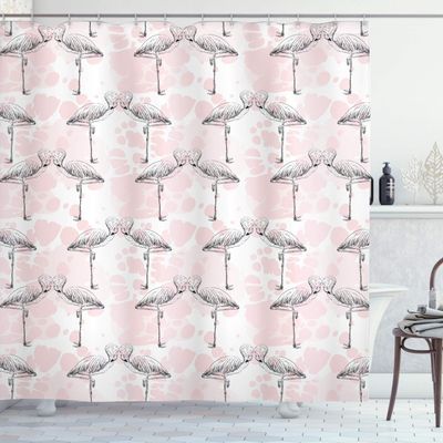 Ambesonne Romantic Shower Curtain, Flamingos Shaping Hearts Heads Love Animal Valentines Illustration, Cloth Fabric Bathroom Decor Set with Hooks, 69" W x 84" L, Pale Pink Grey