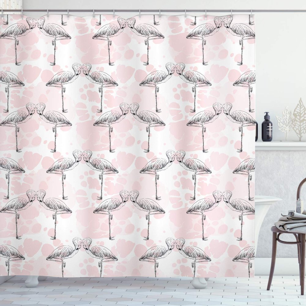 Ambesonne Romantic Shower Curtain, Flamingos Shaping Hearts Heads Love Animal Valentines Illustration, Cloth Fabric Bathroom Decor Set with Hooks, 69" W x 84" L, Pale Pink Grey
