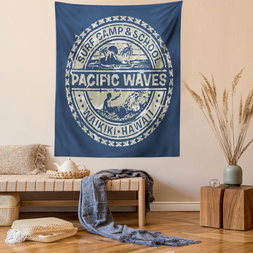 Ambesonne Modern Tapestry, Pacific Waves Surf Camp and Hawaii Logo Motif Effects Design, Wall Hanging for Bedroom Living Room Dorm Decor, 60" X 80", Khaki Slate Blue