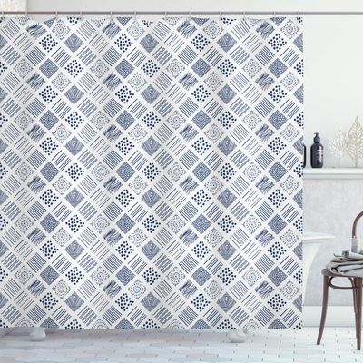 Ambesonne Abstract Shower Curtain, Square Shaped Lines Dots Wavy Stripes Spiral Spots Floral Petals Illustration, Cloth Fabric Bathroom Decor Set with Hooks, 69" W x 84" L, Indigo