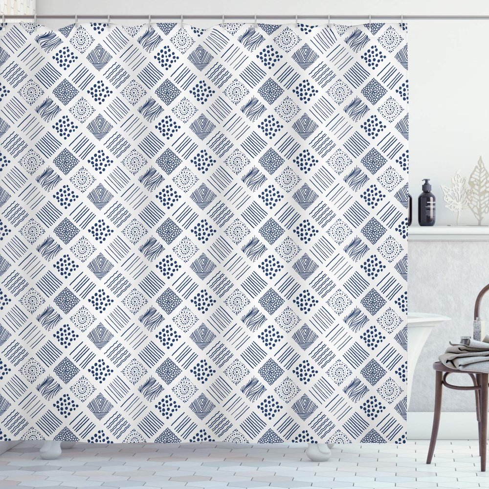 Ambesonne Abstract Shower Curtain, Square Shaped Lines Dots Wavy Stripes Spiral Spots Floral Petals Illustration, Cloth Fabric Bathroom Decor Set with Hooks, 69" W x 84" L, Indigo