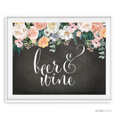 Andaz Press Peach Chalkboard Floral Garden Party Wedding Collection, Party Signs, Beer & Wine Bar Sign, 8.5x11-inch, 1-Pack