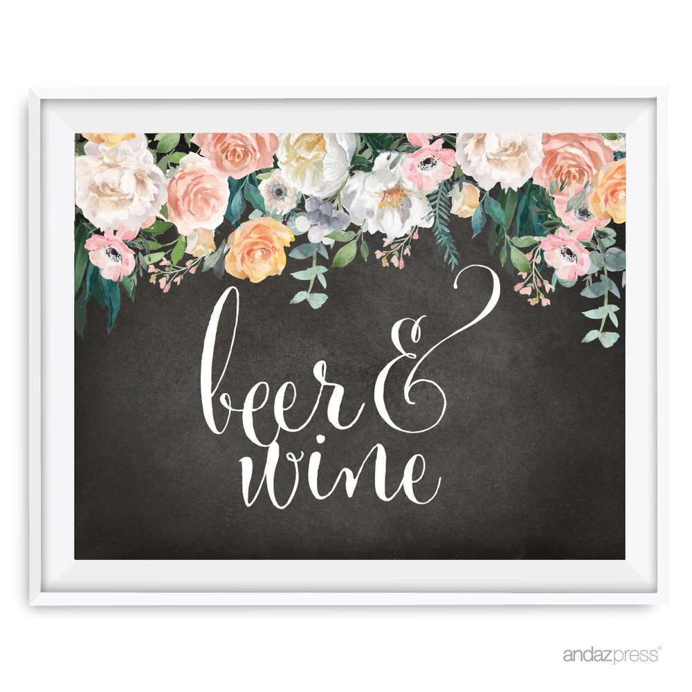Andaz Press Peach Chalkboard Floral Garden Party Wedding Collection, Party Signs, Beer & Wine Bar Sign, 8.5x11-inch, 1-Pack