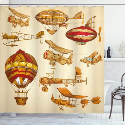 Ambesonne Aviation Shower Curtain, Vintage Old Flying Objects Hot Baloons Planes Parachutes Print, Cloth Fabric Bathroom Decor Set with Hooks, 69" W x 84" L, Sand Brown Mustard
