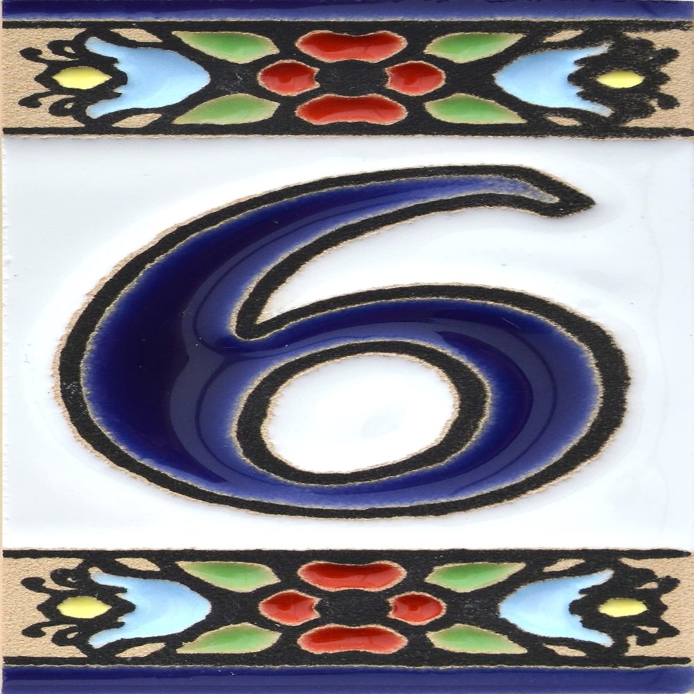 House numbers 3 inch. Handpainted house number tiles for signs, addresses and names. Address numbers for houses. House address numbers and letters. Design FLORES MINI 2,87" x 1,38" (NUMBER 6)