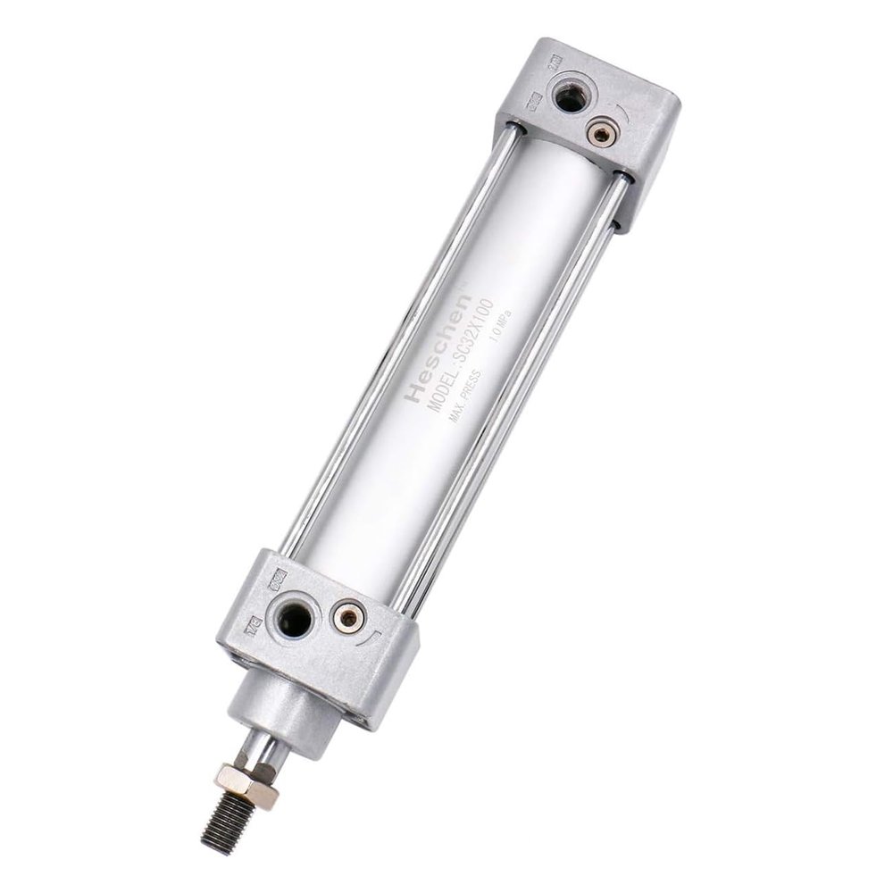 Heschen Tie-Rod Pneumatic Air Cylinder, SC 32-100, 32mm Bore, 100mm Stroke, PT 1/8 Port, Double Acting, Adjustable Cushion, Self-Lubricating Actuator for Industrial & Woodworking