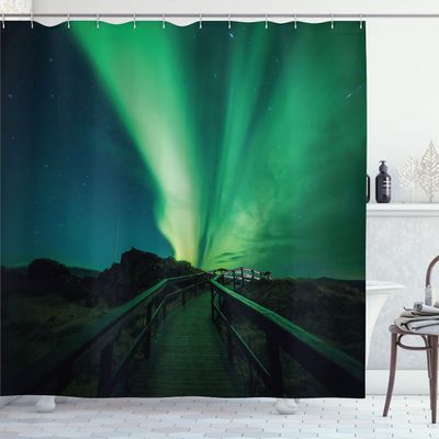 Ambesonne Aurora Borealis Shower Curtain, Wooden Bridge Solar Sky Scenic Radiant Rays Arctic Magic Scenery, Cloth Fabric Bathroom Decor Set with Hooks, 69" W x 84" L, Fern Green Dark Blue