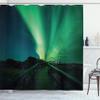 Ambesonne Aurora Borealis Shower Curtain, Wooden Bridge Solar Sky Scenic Radiant Rays Arctic Magic Scenery, Cloth Fabric Bathroom Decor Set with Hooks, 69" W x 84" L, Fern Green Dark Blue view 1