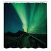 Ambesonne Aurora Borealis Shower Curtain, Wooden Bridge Solar Sky Scenic Radiant Rays Arctic Magic Scenery, Cloth Fabric Bathroom Decor Set with Hooks, 69" W x 84" L, Fern Green Dark Blue view 2