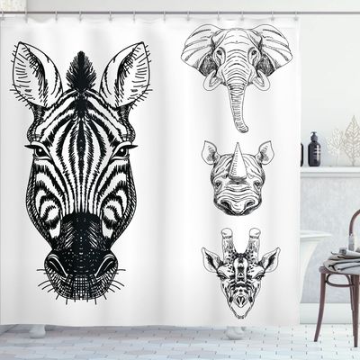 Ambesonne Animal Shower Curtain, Monochrome Sketch of Zebra Giraffe Heads Wildlife Animal Zoo Image, Cloth Fabric Bathroom Decor Set with Hooks, 69" W x 75" L, White and Black