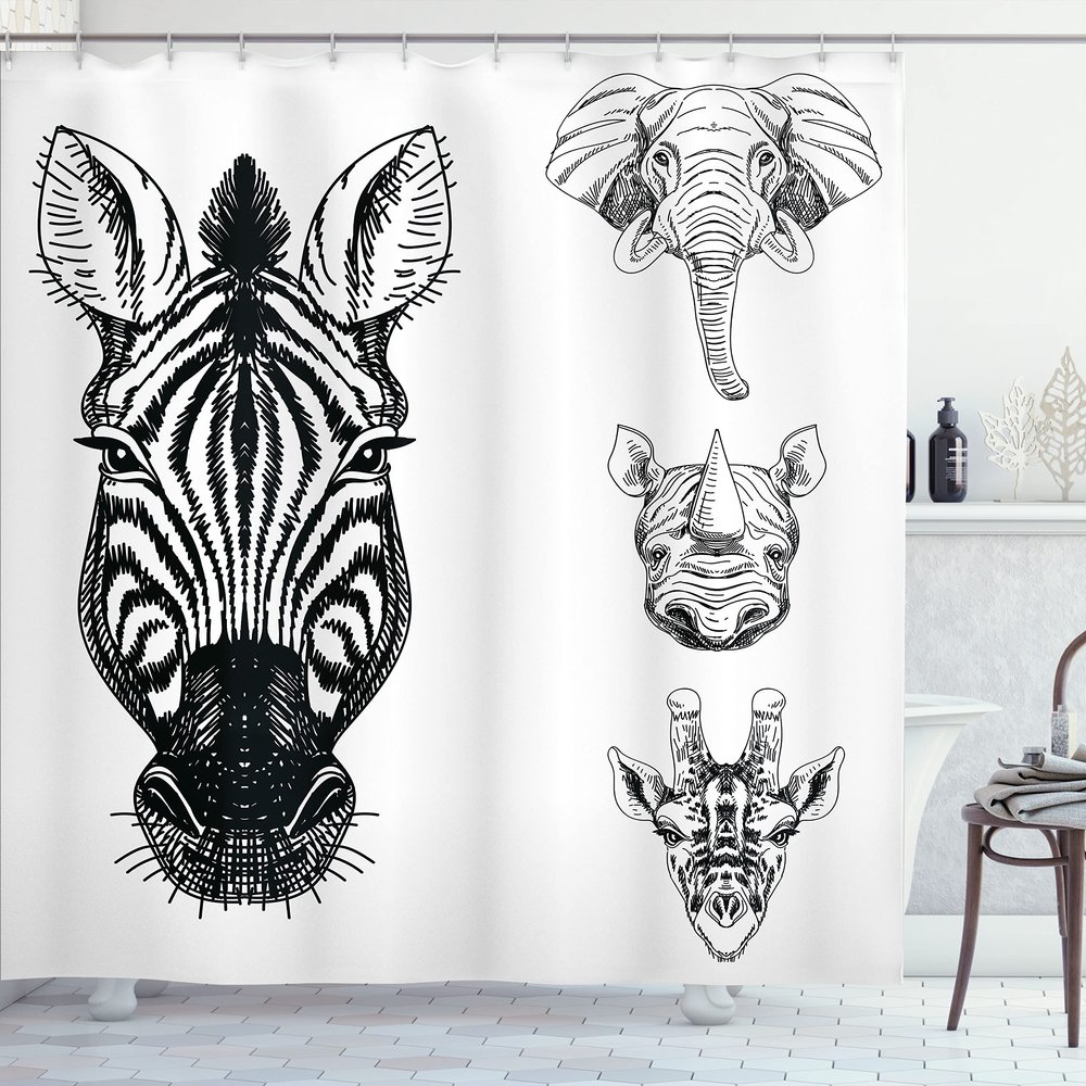 Ambesonne Animal Shower Curtain, Monochrome Sketch of Zebra Giraffe Heads Wildlife Animal Zoo Image, Cloth Fabric Bathroom Decor Set with Hooks, 69" W x 75" L, White and Black