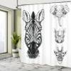 Ambesonne Animal Shower Curtain, Monochrome Sketch of Zebra Giraffe Heads Wildlife Animal Zoo Image, Cloth Fabric Bathroom Decor Set with Hooks, 69" W x 75" L, White and Black view 4