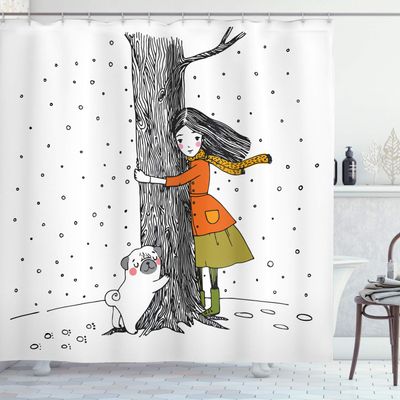 Ambesonne Dog Shower Curtain, Young Girlnd Pug Dog Holding Tree in The Snowy Weather Illustration, Cloth Fabric Bathroom Decor Set with Hooks, 69" W x 84" L, White Black