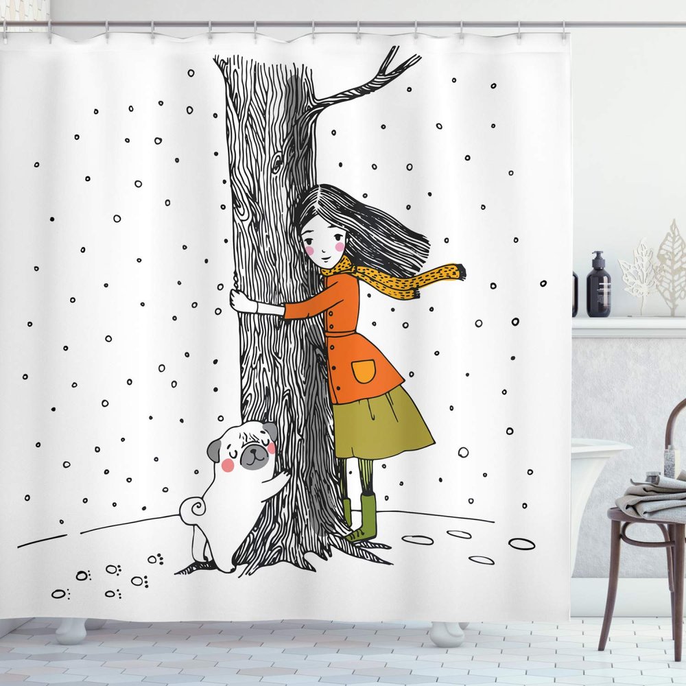 Ambesonne Dog Shower Curtain, Young Girlnd Pug Dog Holding Tree in The Snowy Weather Illustration, Cloth Fabric Bathroom Decor Set with Hooks, 69" W x 84" L, White Black