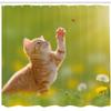 Ambesonne Cat Shower Curtain, Animal Theme Cat Hunting a Ladybug Nature Grass Dandelions Digital Print, Cloth Fabric Bathroom Decor Set with Hooks, 69" W x 75" L, Earth Yellow Pale Green view 2