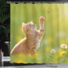 Ambesonne Cat Shower Curtain, Animal Theme Cat Hunting a Ladybug Nature Grass Dandelions Digital Print, Cloth Fabric Bathroom Decor Set with Hooks, 69" W x 75" L, Earth Yellow Pale Green view 3