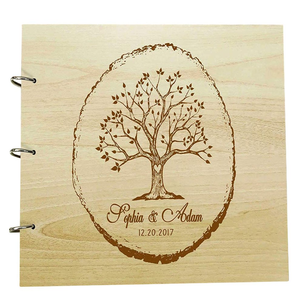Personalized Name and Date Unique Scrapbook Wood Engraved Wedding Trees Guest Book