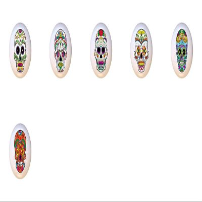 SET OF 6 KNOBS - Skull Set #51302 - Happy Sugar Skulls Skeletons - DECORATIVE Glossy CERAMIC Cupboard Cabinet PULLS Dresser Drawer KNOBS