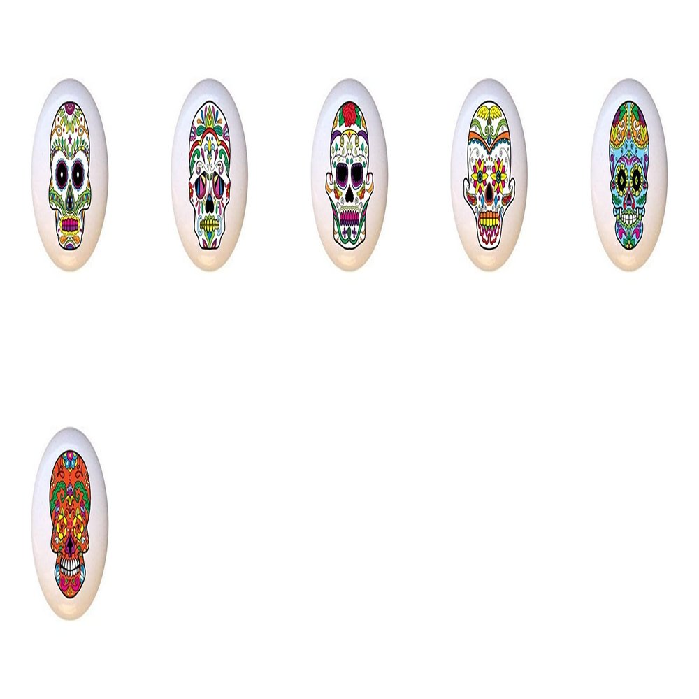 SET OF 6 KNOBS - Skull Set #51302 - Happy Sugar Skulls Skeletons - DECORATIVE Glossy CERAMIC Cupboard Cabinet PULLS Dresser Drawer KNOBS