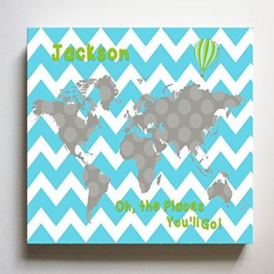 Dr Seuss, Personalized Canvas Nursery Chevron World Map, Customized Baby Name Wall Art Decor, Unique Educational Painting, Memorable Boys & Girls Gift, Giclee Print Stretched on Wood Frame 24X30