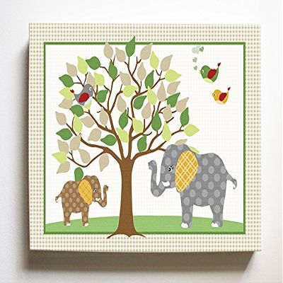 Whimsical Elephant & Lovebirds Garden - Checkerboard Stretched Canvas Nursery Decor - Wall Art That Makes a Memorable Baby Gift Idea - Wooden Frame Construction - Ready to Hang 20X24